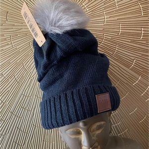 Navy Blue Adult Slouchy Knit Pom Pom Hat
